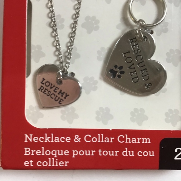 Silver Tone Pet Rescue Necklace & Collar Paw Print Heart Charm Set NWT - Picture 4 of 11